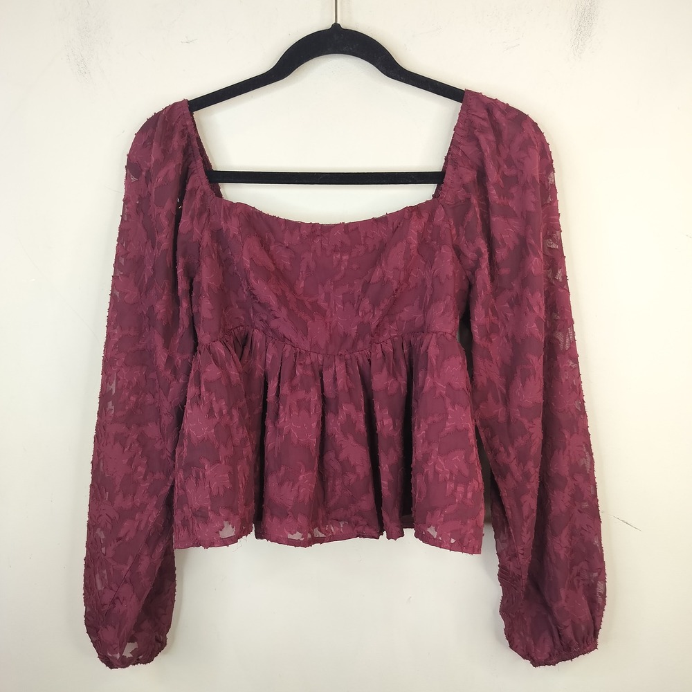 Altar'd State Floral Smocked Top Small Long Sheer Sleeve Peplum Burgundy